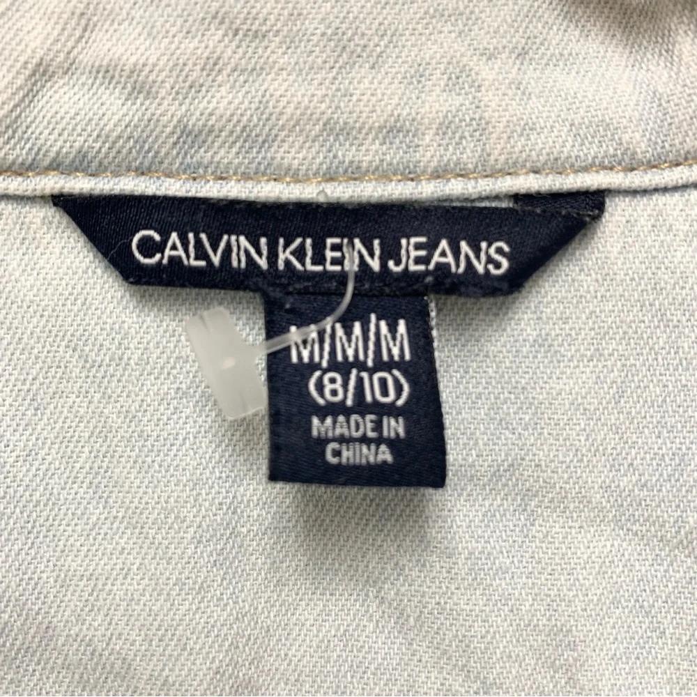 Calvin Klein Girls Chambray Denim Shirt Dress‎ Size M Logo Waistband Long Sleeve